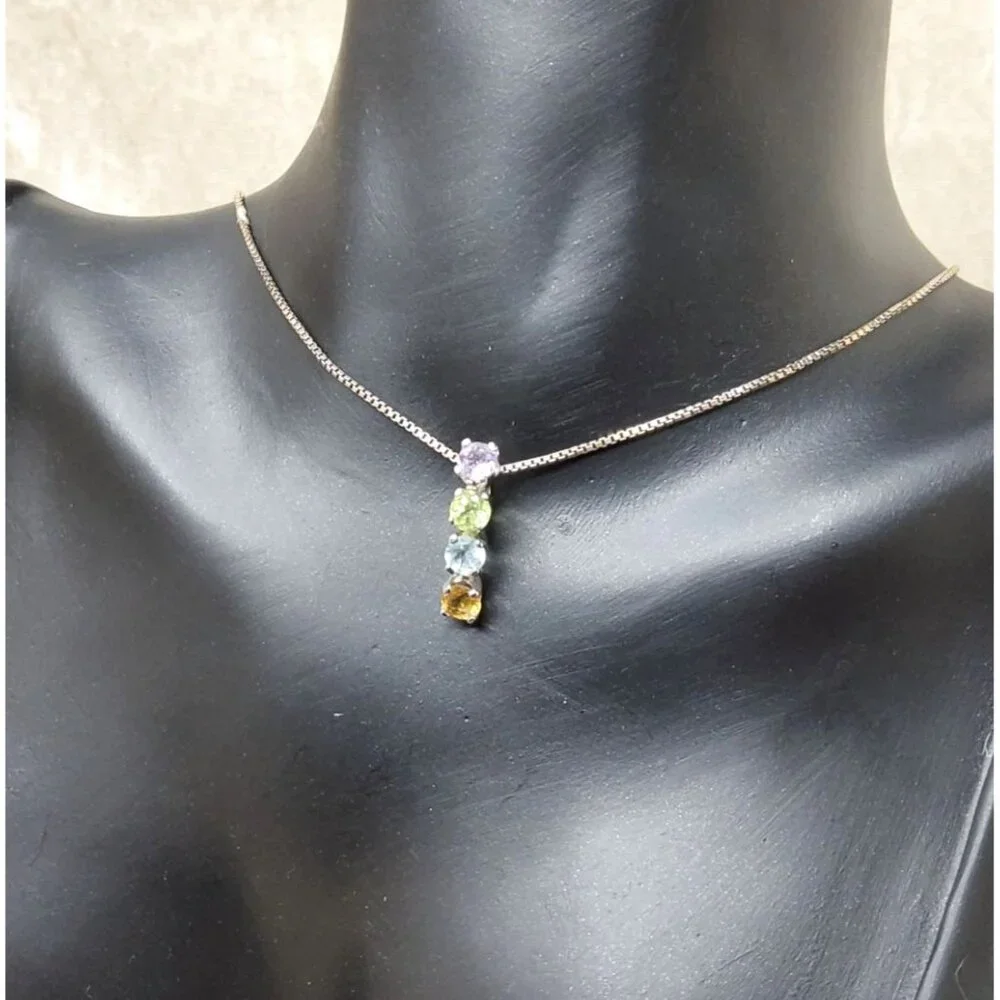vintage ati sterling silver rainbow gemstones bar pendant necklace - Picture 2 of 6